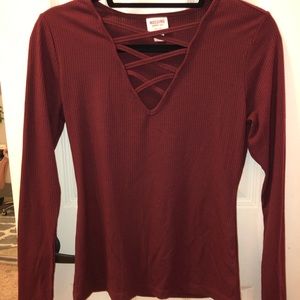 Maroon long sleeve, cross cross front